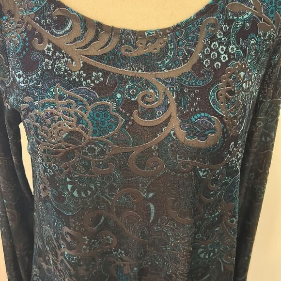 Karen Kane velour black turquoise long sleeve floral blouse Size S - Picture 3 of 8